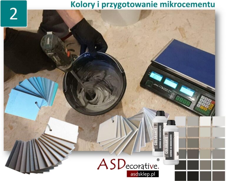 Instrukcja barwienia mikrocementu pokazuje etap dodawania pigmentu i mieszania, kt&oacute;ry wpływa na finalny odcień, dlatego warto go wykonać zgodnie z zaleceniami producenta.