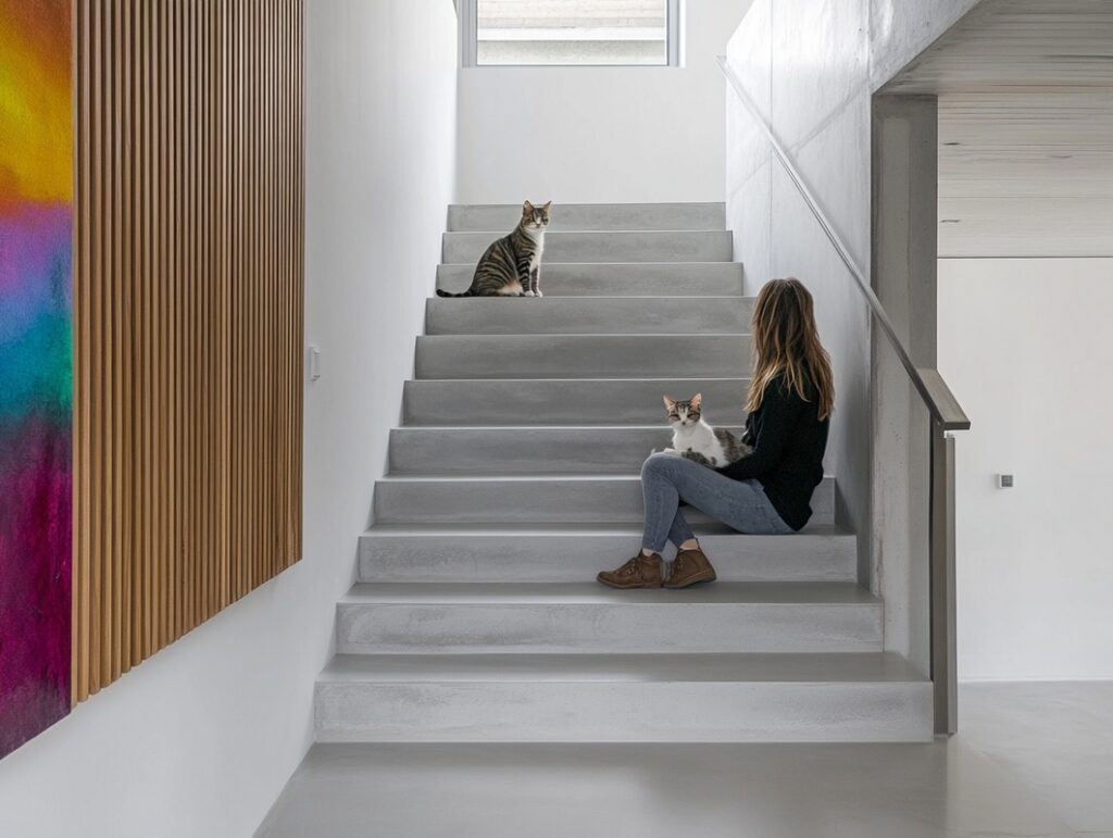 Schody z mikrocementu w nowoczesnym wnętrzu z dużymi płaszczyznami i prostą balustradą. Właściwe zabezpieczenie mikrocementu chroni stopnie przed ścieraniem i ułatwia ich pielęgnację.