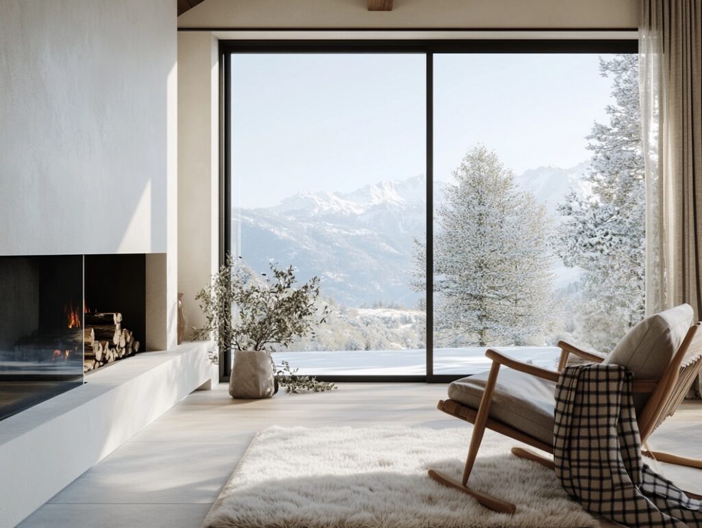 Jasne wnętrze salonu z kominkiem i dużymi oknami z widokiem na g&oacute;ry oraz podłogą z mikrocementu. Warstwy nawierzchniowe mikrocementu nadają powierzchni subtelną strukturę i naturalny efekt dekoracyjny.