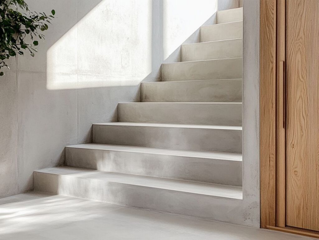 Gotowe schody z mikrocementu widoczne w całości, z jednolitą powierzchnią stopni i podstopnic. Mikrocement na schodach tworzy minimalistyczny efekt i dobrze komponuje się z nowoczesną balustradą.