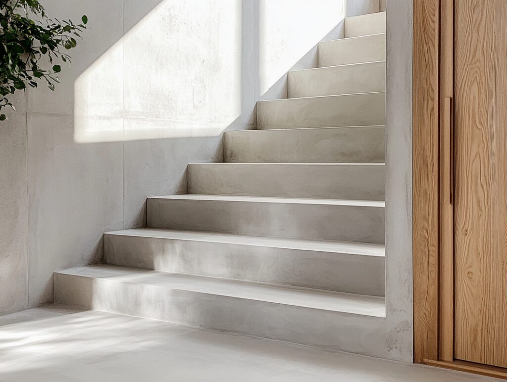 Schody z mikrocementu pokazują jednolite wykończenie stopni i podestu, kt&oacute;re jest stosowane w domach wtedy, gdy chcesz uniknąć fug, uzyskać sp&oacute;jną bryłę i łatwiej sprzątać powierzchnię.