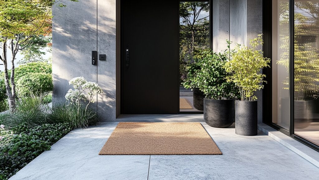 Nowoczesne wejście do domu z posadzką z mikrocementu i dużymi donicami przy drzwiach. Gładka powierzchnia podłogi z mikrocementu została uzyskana dzięki odpowiedniemu szlifowaniu.