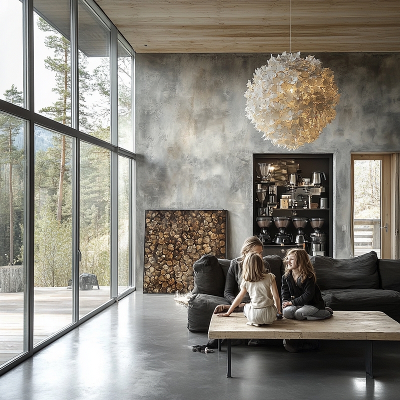 Nowoczesny salon z dużymi przeszkleniami, betonową ścianą i jednolitą podłogą z mikrocementu. Warstwy nawierzchniowe mikrocementu tworzą gładką, minimalistyczną powierzchnię podłogi i ścian.