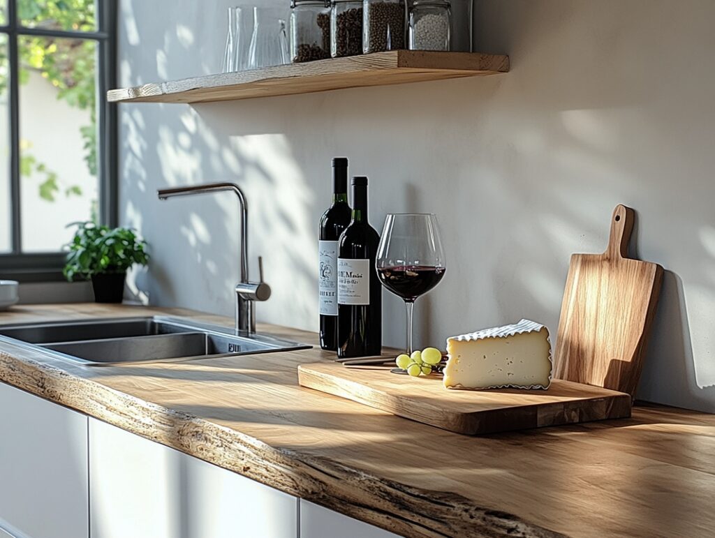 Nowoczesna kuchnia z mikrocementu z jasnymi frontami i jednolitą ścianą nad blatem roboczym. Mikrocement w kuchni tworzy sp&oacute;jną, minimalistyczną powierzchnię bez fug.