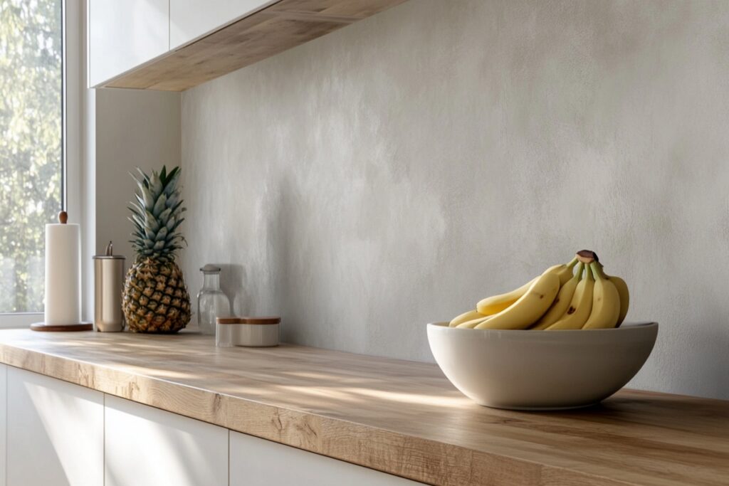 Nowoczesna kuchnia z mikrocementem na ścianie pomiędzy blatem a g&oacute;rnymi szafkami. Odpowiednie zabezpieczenie mikrocementu ułatwia utrzymanie powierzchni w czystości podczas codziennego użytkowania.