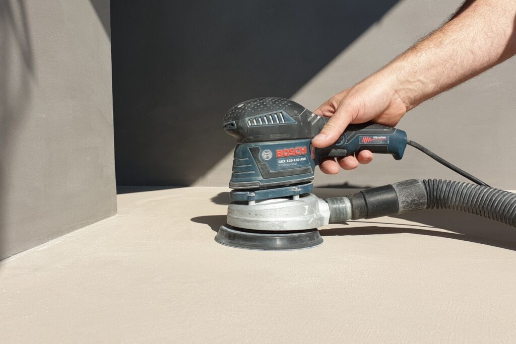 Szlifowanie warstwy mikrocementu na posadzce przy użyciu narzędzia do obr&oacute;bki powierzchni. Ten etap wyr&oacute;wnuje strukturę i przygotowuje podłogę z mikrocementu do zabezpieczenia.