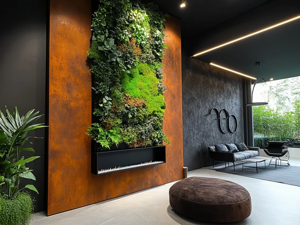 Mikrocement metaliczny na ścianie pokazuje efekt stali i rdzy typu korten, kt&oacute;ry wybiera się do wnętrz industrialnych, gdy chcesz uzyskać dekoracyjną powierzchnię o metalicznym charakterze.