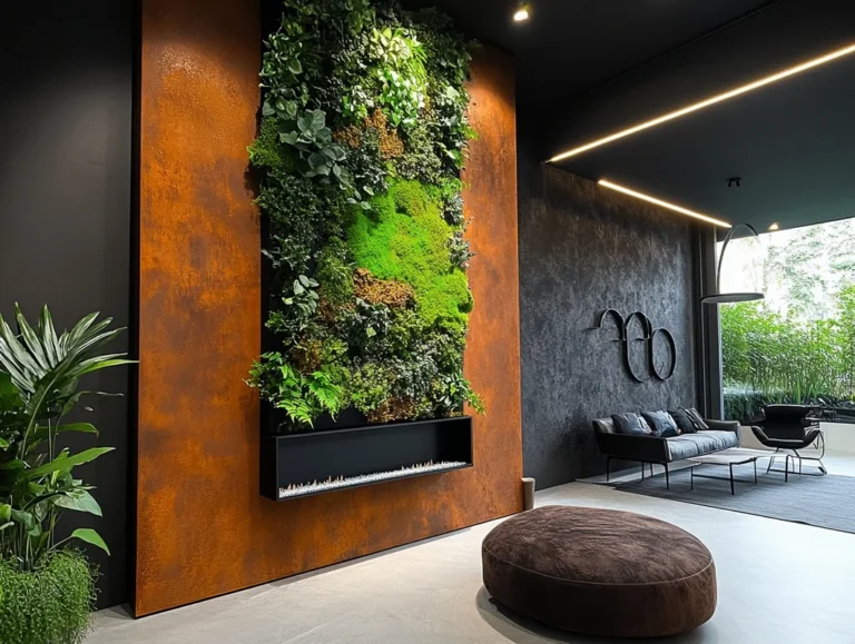 Mikrocement metaliczny na ścianie pokazuje efekt stali i rdzy typu korten, kt&oacute;ry wybiera się do wnętrz industrialnych, gdy chcesz uzyskać dekoracyjną powierzchnię o metalicznym charakterze.
