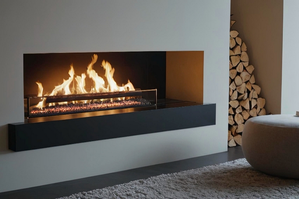 Obudowa kominka pokryta mikrocementem o surowej, dekoracyjnej strukturze. To przykład efektownego zastosowania mikrocementu w nowoczesnych i industrialnych aranżacjach wnętrz.