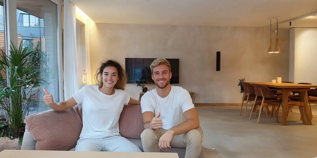 Para siedzi we wnętrzu z dużą, jednolitą posadzką i ścianami o minimalistycznym wykończeniu. Zdjęcie prezentuje efekt, jaki daje rodzaj mikrocementu epoksydowego HARD na większych powierzchniach użytkowych.