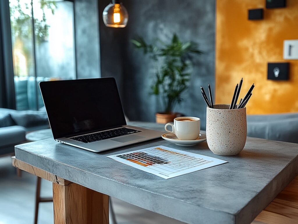 Fragment zabudowy meblowej z mikrocementu z widocznymi płaszczyznami poziomymi i pionowymi. Mikrocement na meblach nadaje bryle surowy, nowoczesny charakter.