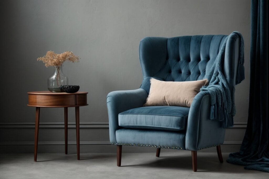 Nowoczesny salon z jasną podłogą z mikrocementu oraz fotel w kolorze turkusowym przy ścianie o gładkiej strukturze. Tego typu powierzchnie często wymagają odpowiednio dobranej warstwy podkładowej mikrocementu przed wykonaniem dekoracyjnej okładziny.