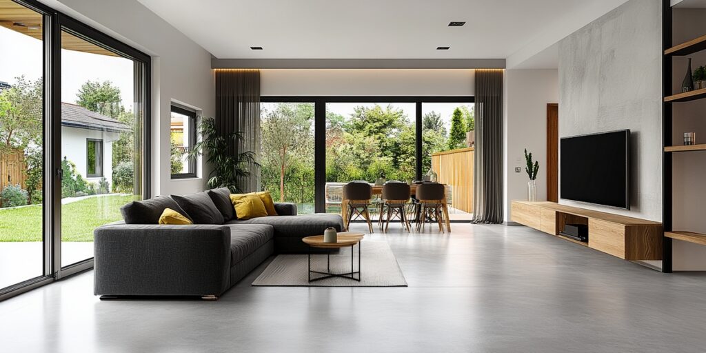 Zabudowa meblowa wykończona mikrocementem widoczna w przestrzeni mieszkalnej. Mikrocement na meblach nadaje wnętrzu sp&oacute;jny i designerski charakter.