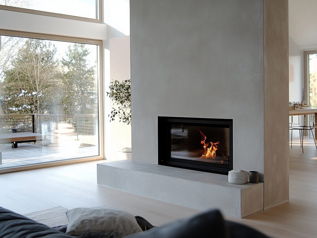 Obudowa kominka wykonana jako zabudowa meblowa pokryta mikrocementem o delikatnej strukturze. Takie zastosowanie mikrocementu na meblach podkreśla sp&oacute;jność aranżacji wnętrza.