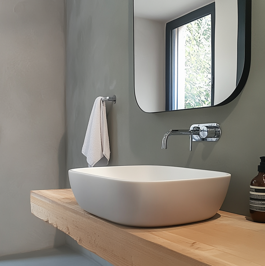 Umywalka nablatowa na drewnianej p&oacute;łce przy szarej ścianie z baterią podtynkową i lustrem. Taka aranżacja pokazuje, że rodzaje mikrocementu HARD i FAST mogą tworzyć gładkie, nowoczesne powierzchnie w łazience.