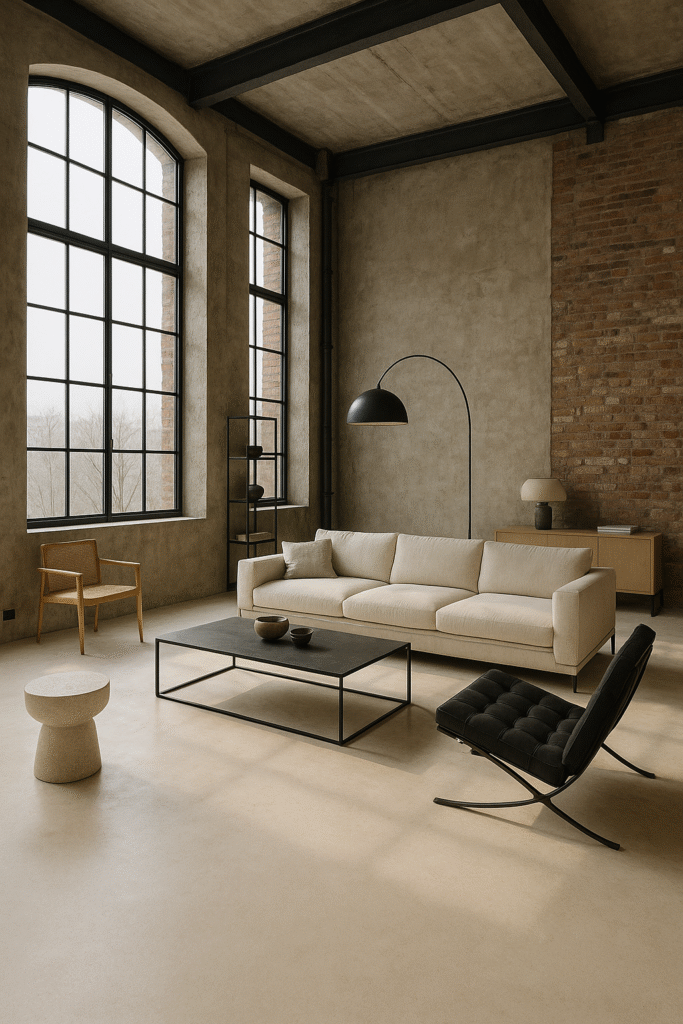 Nowoczesny loftowy salon z betonową ścianą i podłogą wykończoną mikrocementem w szarym odcieniu. Zdjęcie pokazuje praktyczne zastosowanie kolor&oacute;w mikrocementu FAST w aranżacji wnętrza.