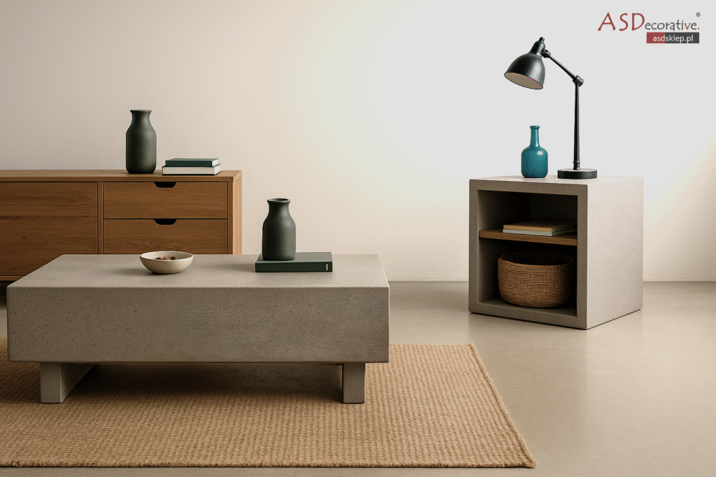 Zabudowa meblowa z mikrocementu widoczna w nowoczesnym wnętrzu mieszkalnym. Mikrocement na meblach tworzy sp&oacute;jną bryłę o minimalistycznym charakterze.